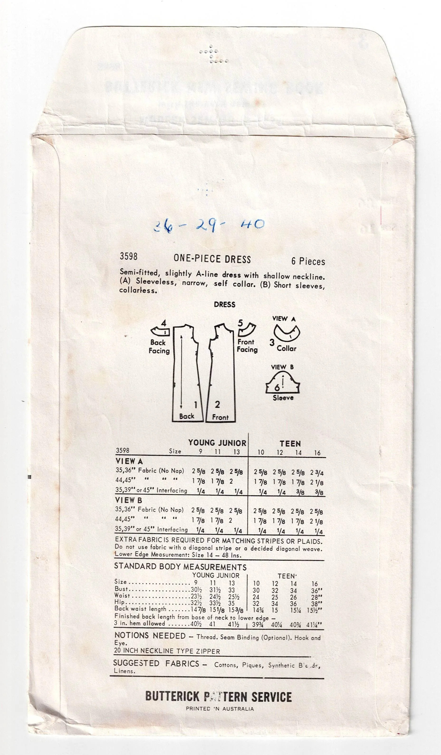 Butterick 3598 Womens Easy Classic Shift Dress with Collar 1960s Vintage Sewing Pattern Size 16 Bust 36 inches