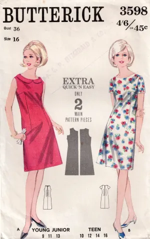 Butterick 3598 Womens Easy Classic Shift Dress with Collar 1960s Vintage Sewing Pattern Size 16 Bust 36 inches