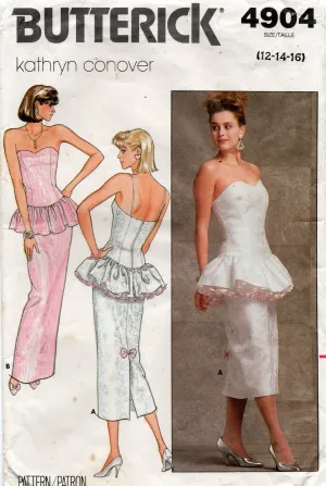 Butterick 4904 KATHRYN CONOVER Womens Strapless Peplum Evening Prom Sheath Dress 1980s Vintage Sewing Pattern Size 12 - 16