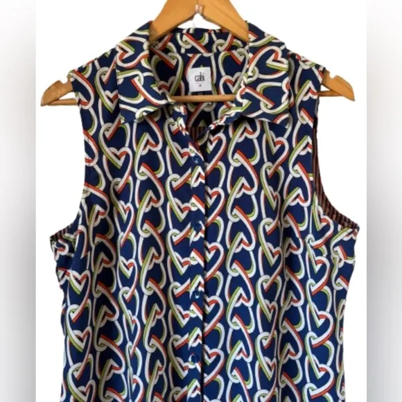 CAbi Amour blue interlocking heart print slvlss shift shirt dress SZ M