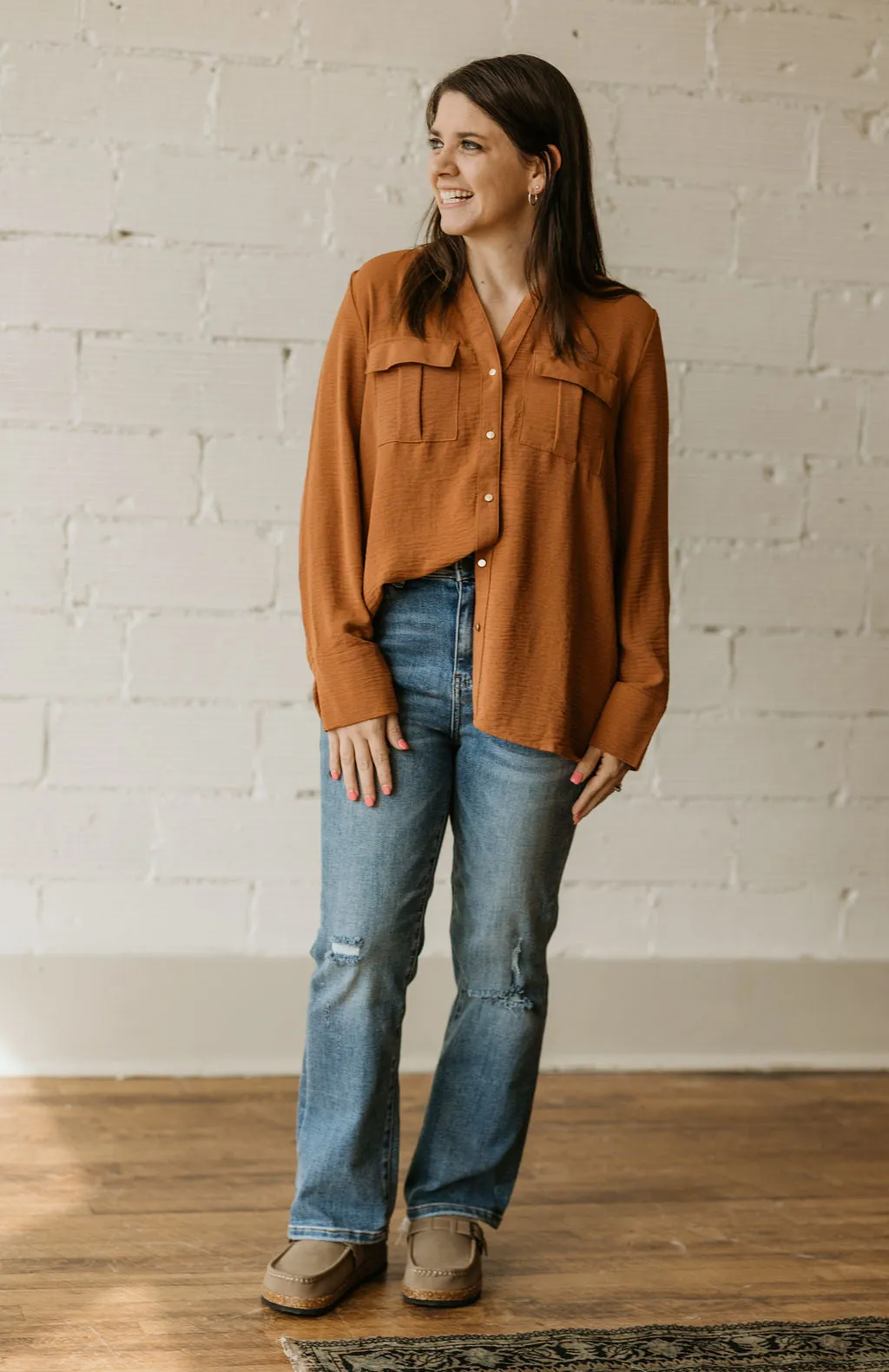 CAITLYN BUTTON DOWN CAMEL BLOUSE
