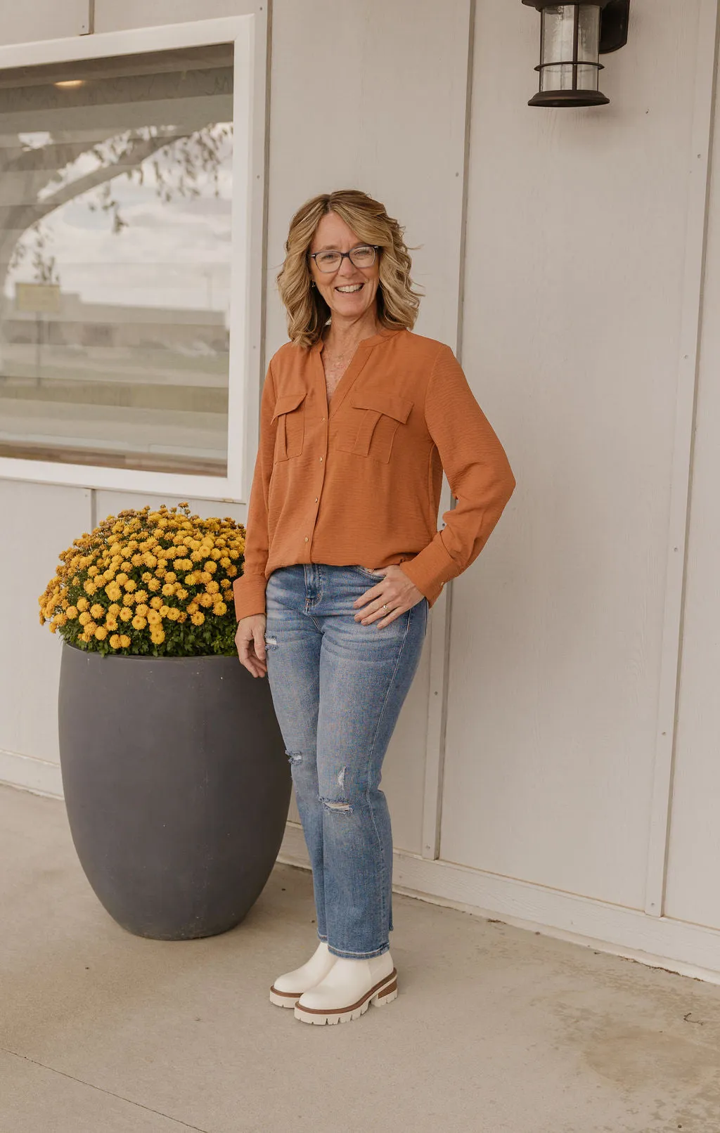 CAITLYN BUTTON DOWN CAMEL BLOUSE