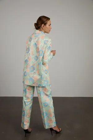 CALÇA AZUL SALMÃO OVERSIZED JACQUARD ESTAMPADO FLORAL