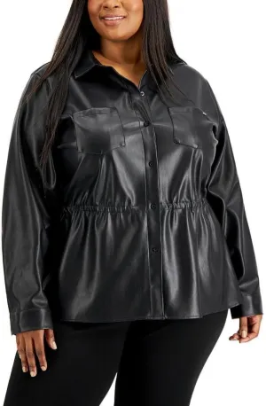 Calvin Klein Womens Plus Faux Leather Collared Button-Down Top W2VAO674