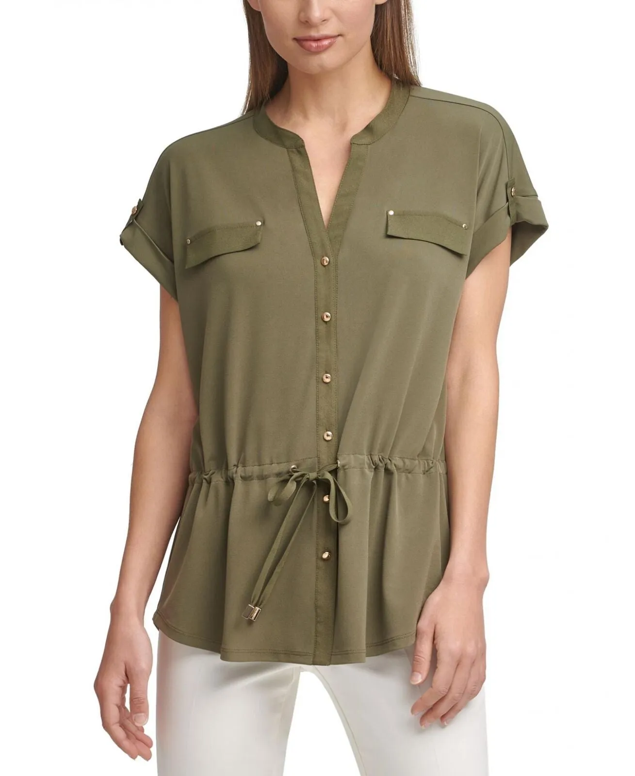 Calvin Klein Womens Short Sleeve Cinched Waist Button Front Top M1BH7052