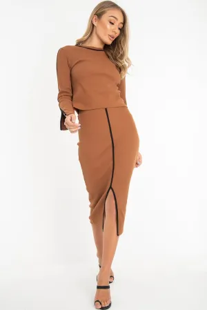 Camel Rib Contrast Piping Jumper Midi Skirt Co-Ord - Eloise