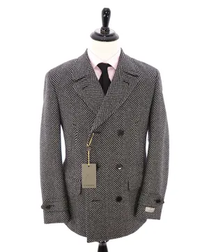CANALI - Black & White Herringbone Double Breasted Peacoat Quilted Coat - 42