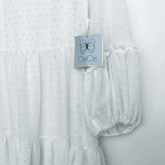 CeCe Ruffle Shift Dress Balloon Long Sleeves Clip Dot Textured Pull-On V-Neck