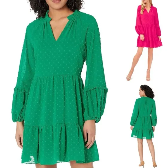 CeCe Ruffle Shift Dress Balloon Long Sleeves Clip Dot Textured Pull-On V-Neck