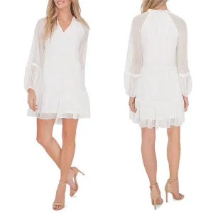 CeCe Ruffle Shift Dress Balloon Long Sleeves Clip Dot Textured Pull-On V-Neck