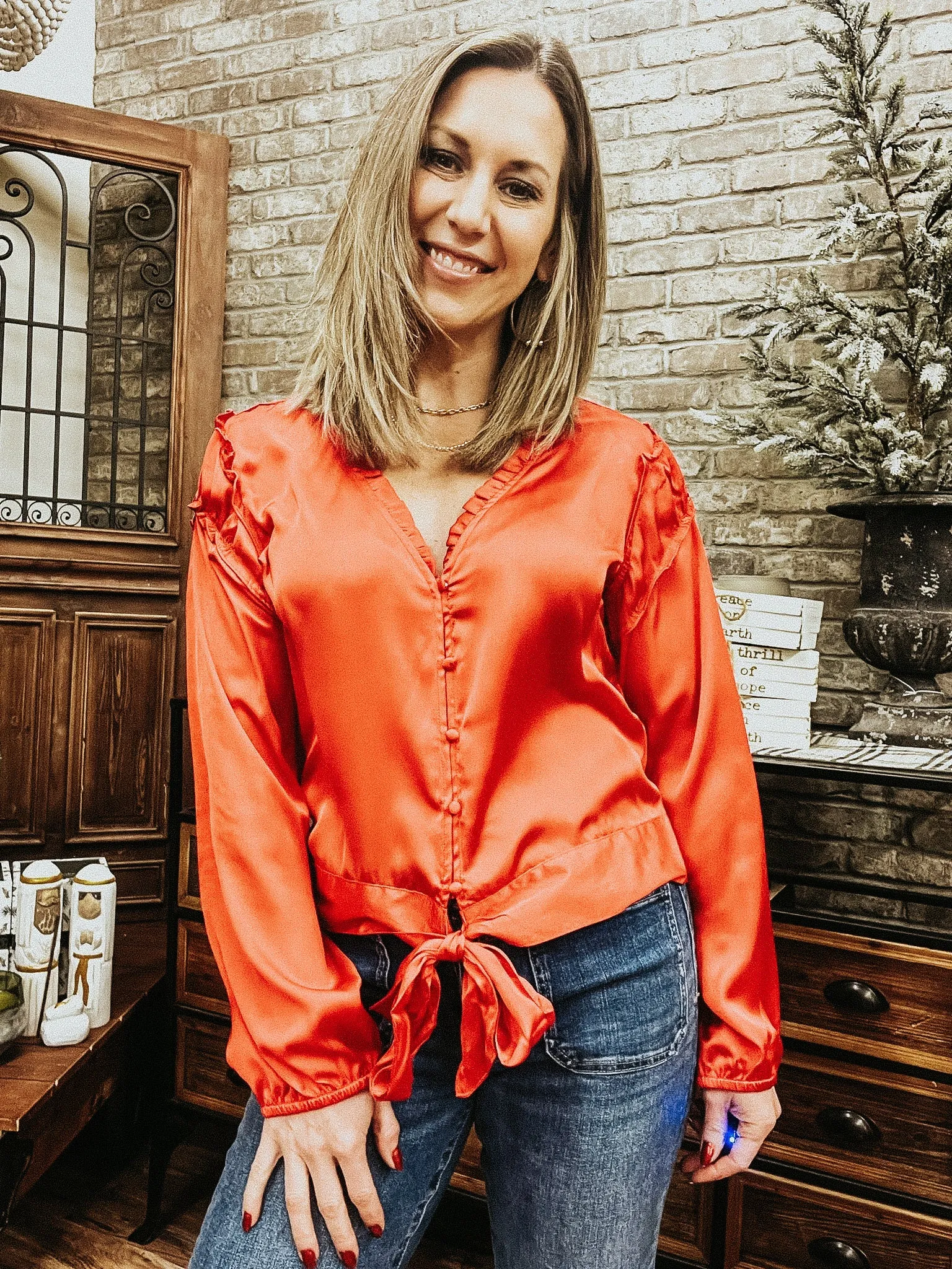 Cherry Red Tie Front Button Down Blouse