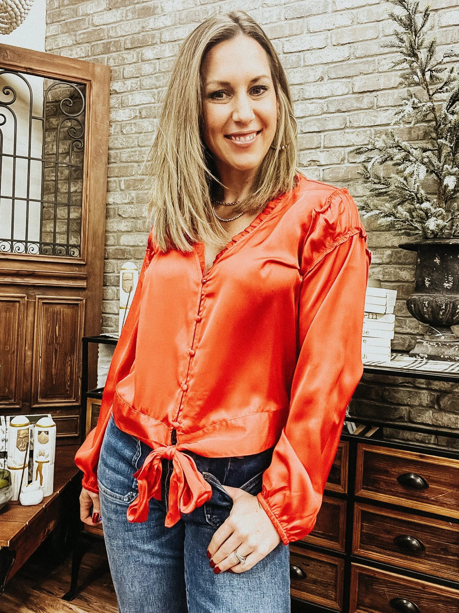 Cherry Red Tie Front Button Down Blouse