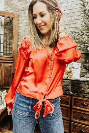 Cherry Red Tie Front Button Down Blouse