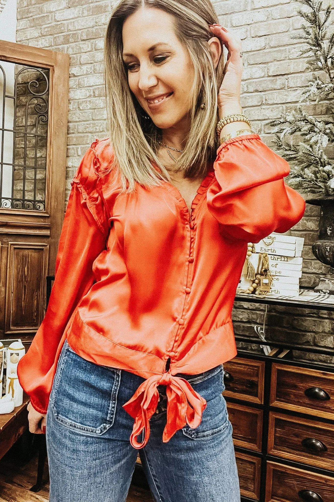 Cherry Red Tie Front Button Down Blouse