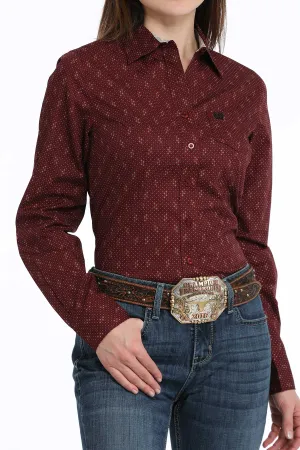 Cinch Ladies Burgundy Diamond Geometric Print Button-Down Blouse