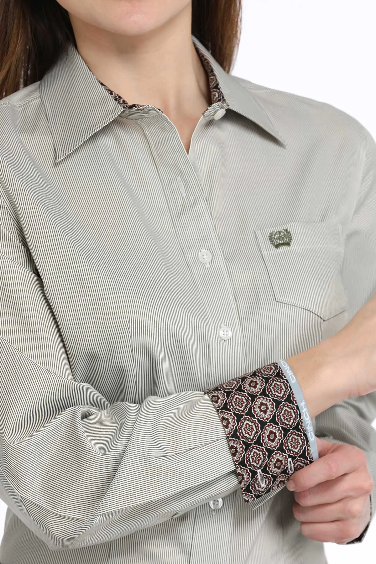 Cinch Ladies Olive Pinstripe TENCEL Cotton Button-Down Blouse