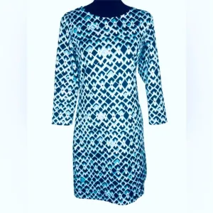 CK BRADLEY NAVY/ WHITE/ AQUA 3/4 SLEEVED SHIFT DRESS SIZE XS