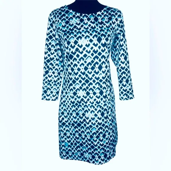 CK BRADLEY NAVY/ WHITE/ AQUA 3/4 SLEEVED SHIFT DRESS SIZE XS