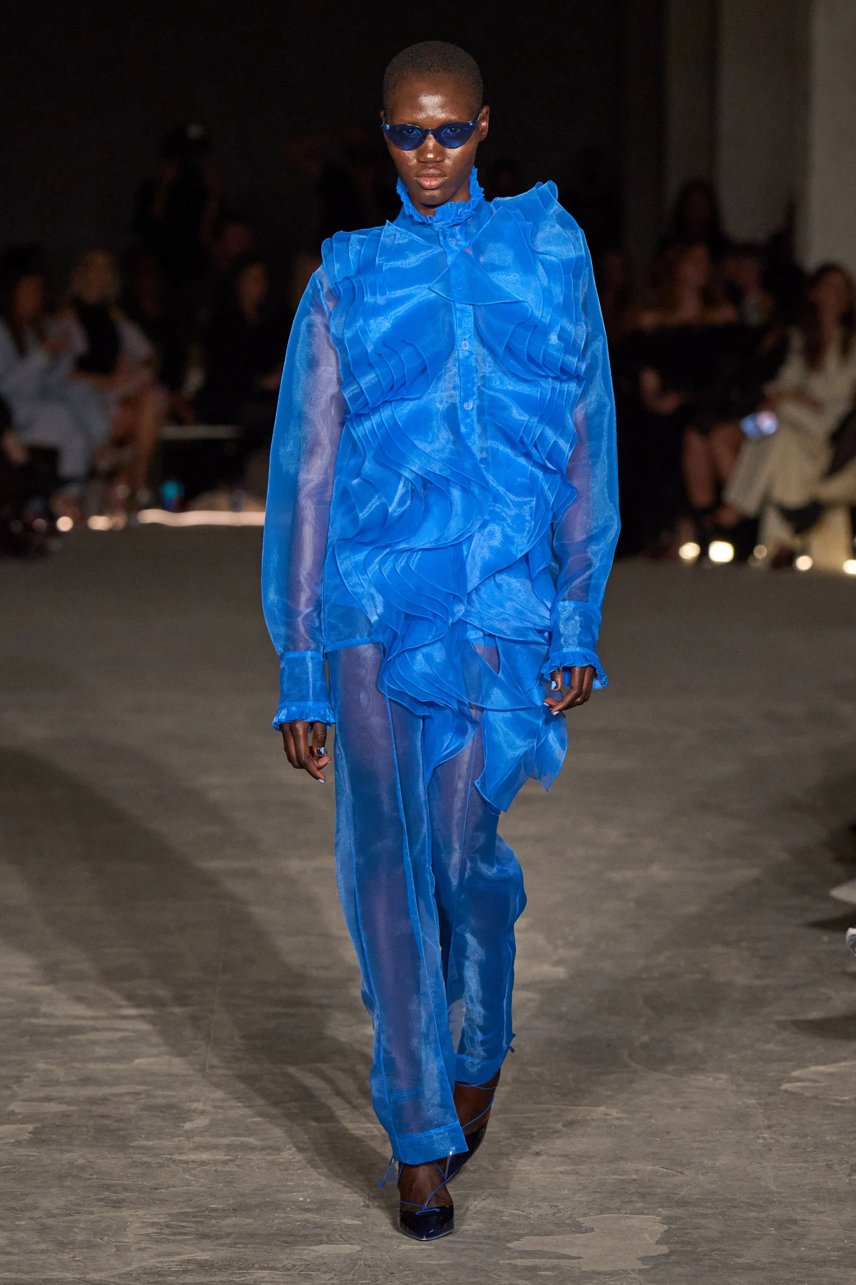 Cobalt Organza Ruffle Button Down Blouse