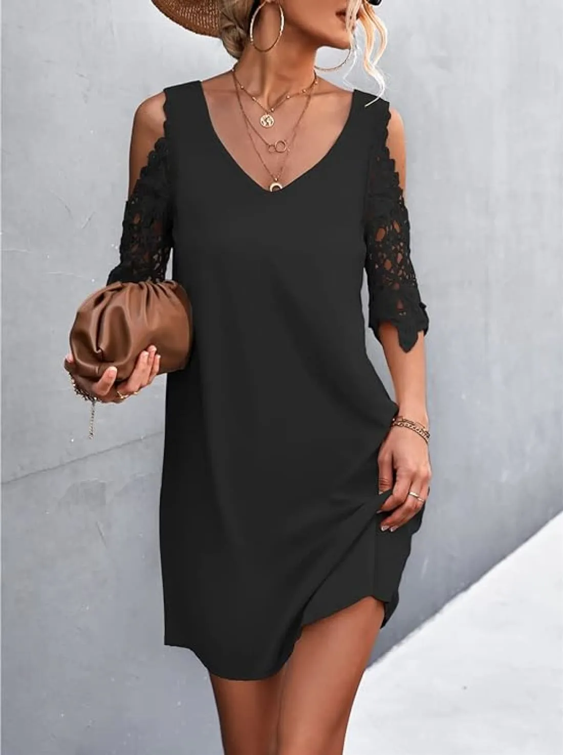 Cold Shoulder Crochet Lace Sleeve Shift Dress
