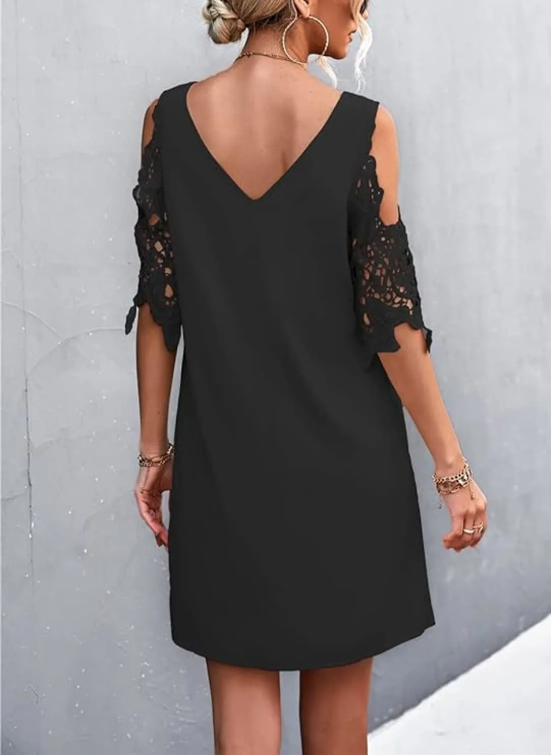 Cold Shoulder Crochet Lace Sleeve Shift Dress
