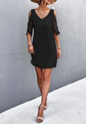 Cold Shoulder Crochet Lace Sleeve Shift Dress