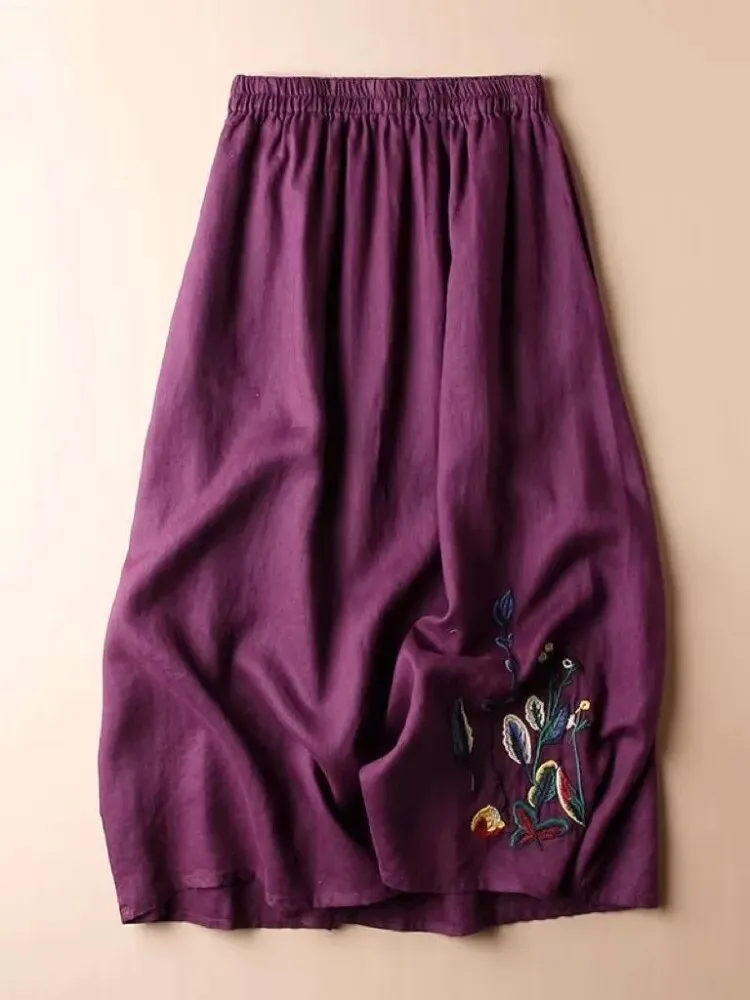Cotton Linen Skirt for Women Embroidered Design Solid Casual Loose Elastic Waist A-LINE Skirts