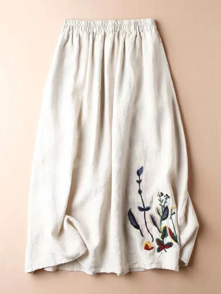 Cotton Linen Skirt for Women Embroidered Design Solid Casual Loose Elastic Waist A-LINE Skirts