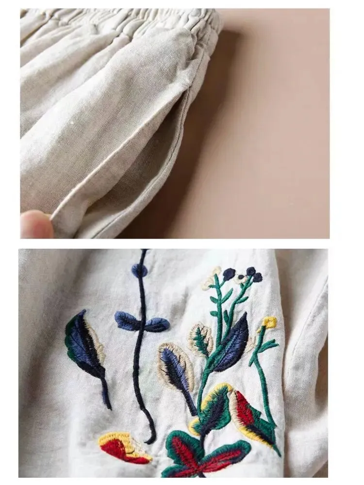 Cotton Linen Skirt for Women Embroidered Design Solid Casual Loose Elastic Waist A-LINE Skirts