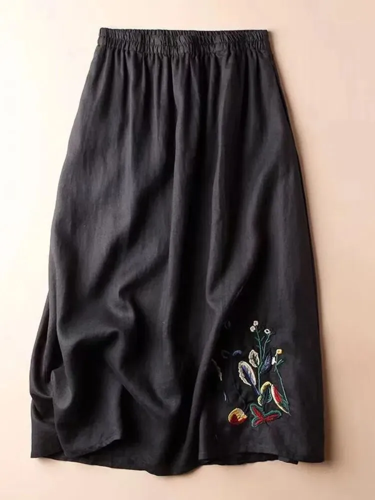 Cotton Linen Skirt for Women Embroidered Design Solid Casual Loose Elastic Waist A-LINE Skirts