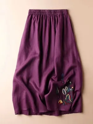 Cotton Linen Skirt for Women Embroidered Design Solid Casual Loose Elastic Waist A-LINE Skirts