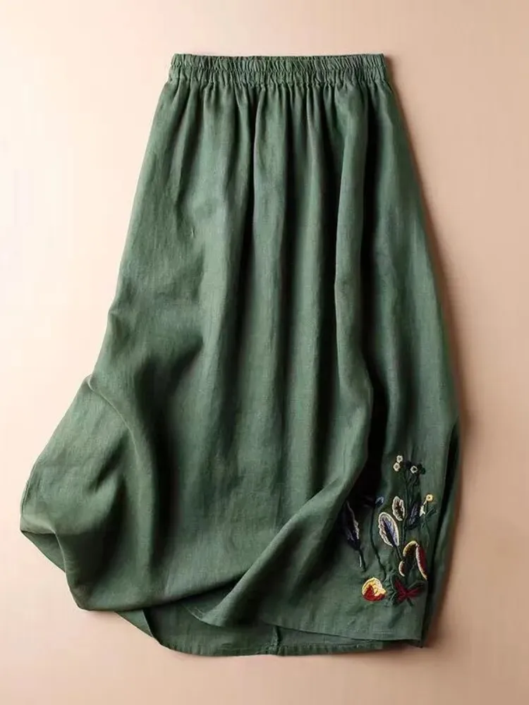 Cotton Linen Skirt for Women Embroidered Design Solid Casual Loose Elastic Waist A-LINE Skirts