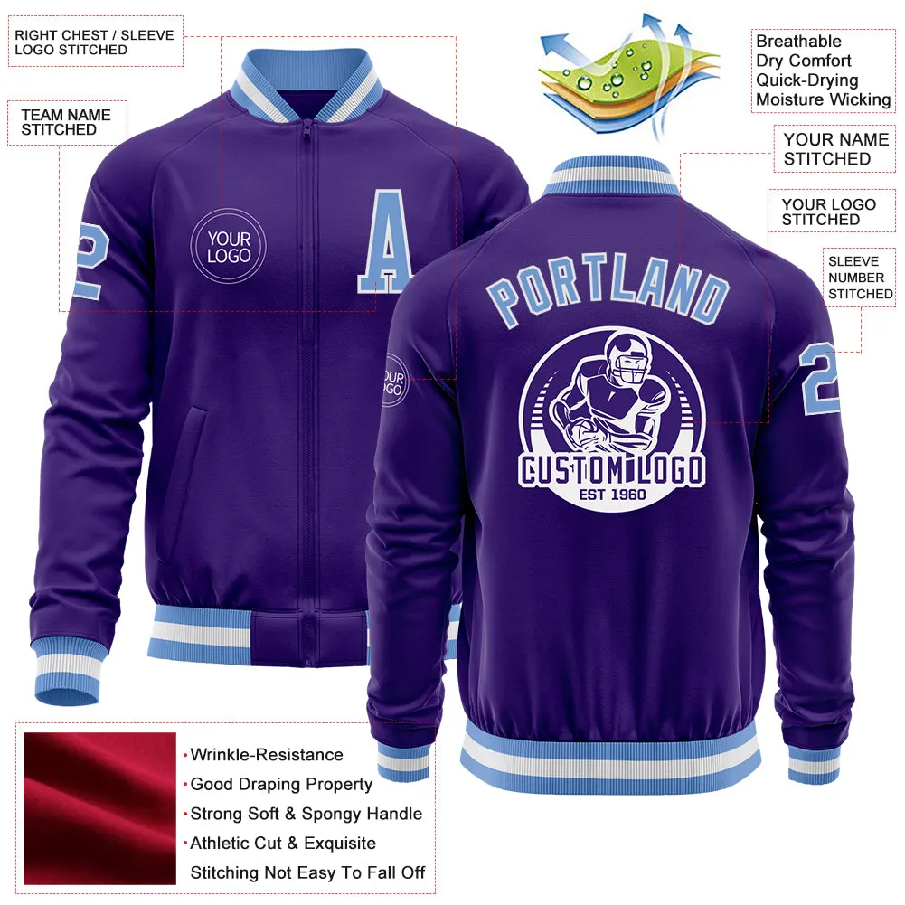 Custom Purple Light Blue-White Bomber Varsity Letterman Zipper Jacket