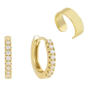 CZ Huggie X Solid Ear Cuff Earring Combo Set