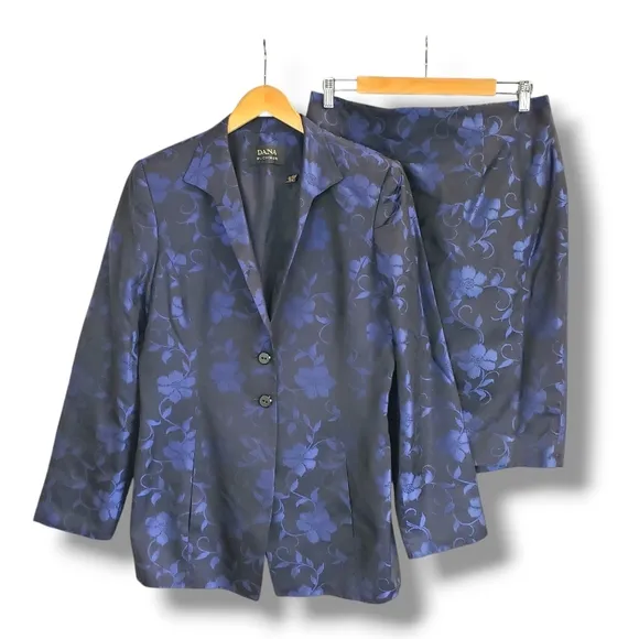 Dana Buchman Silk Black and Blue Floral Patterned 2-Piece Size 14/16