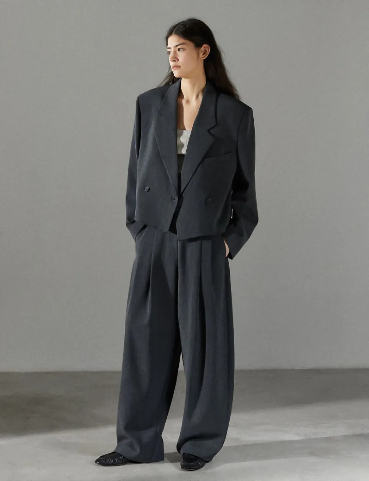 Dani Cropped Boxy Blazer in Charcoal