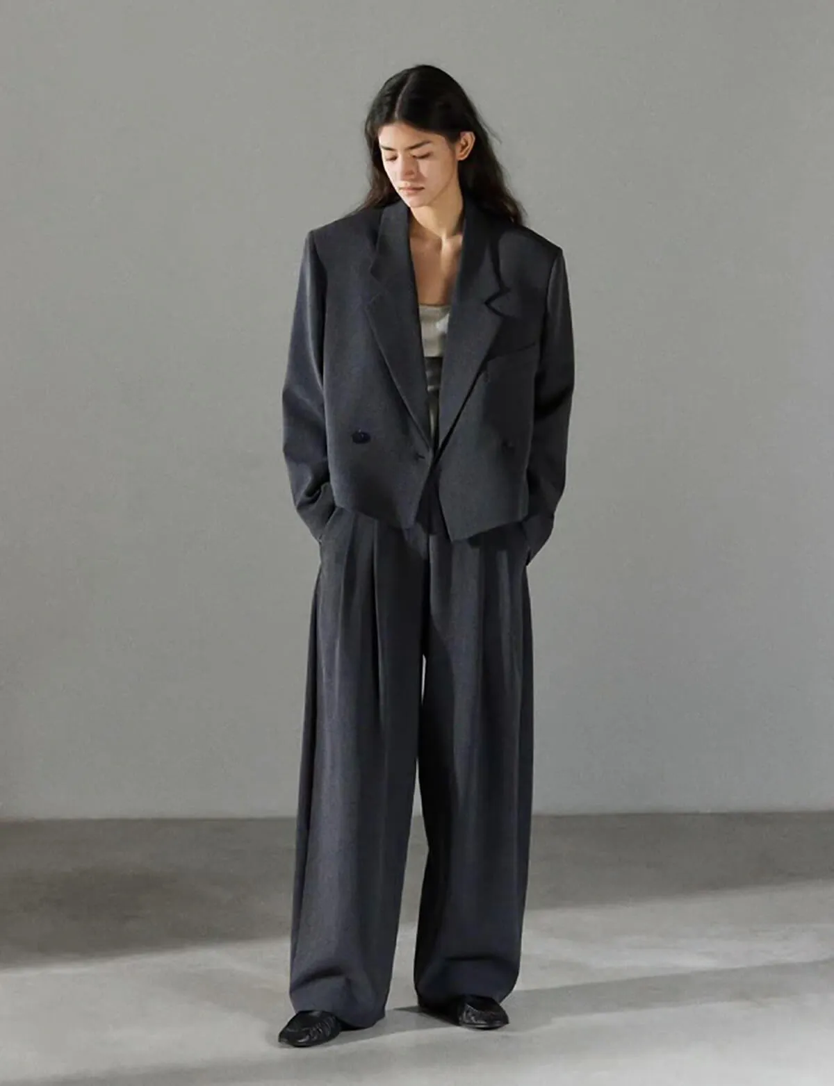 Dani Cropped Boxy Blazer in Charcoal