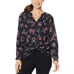 Democracy Floral Smocked Neck Tie Front Top Navy XS