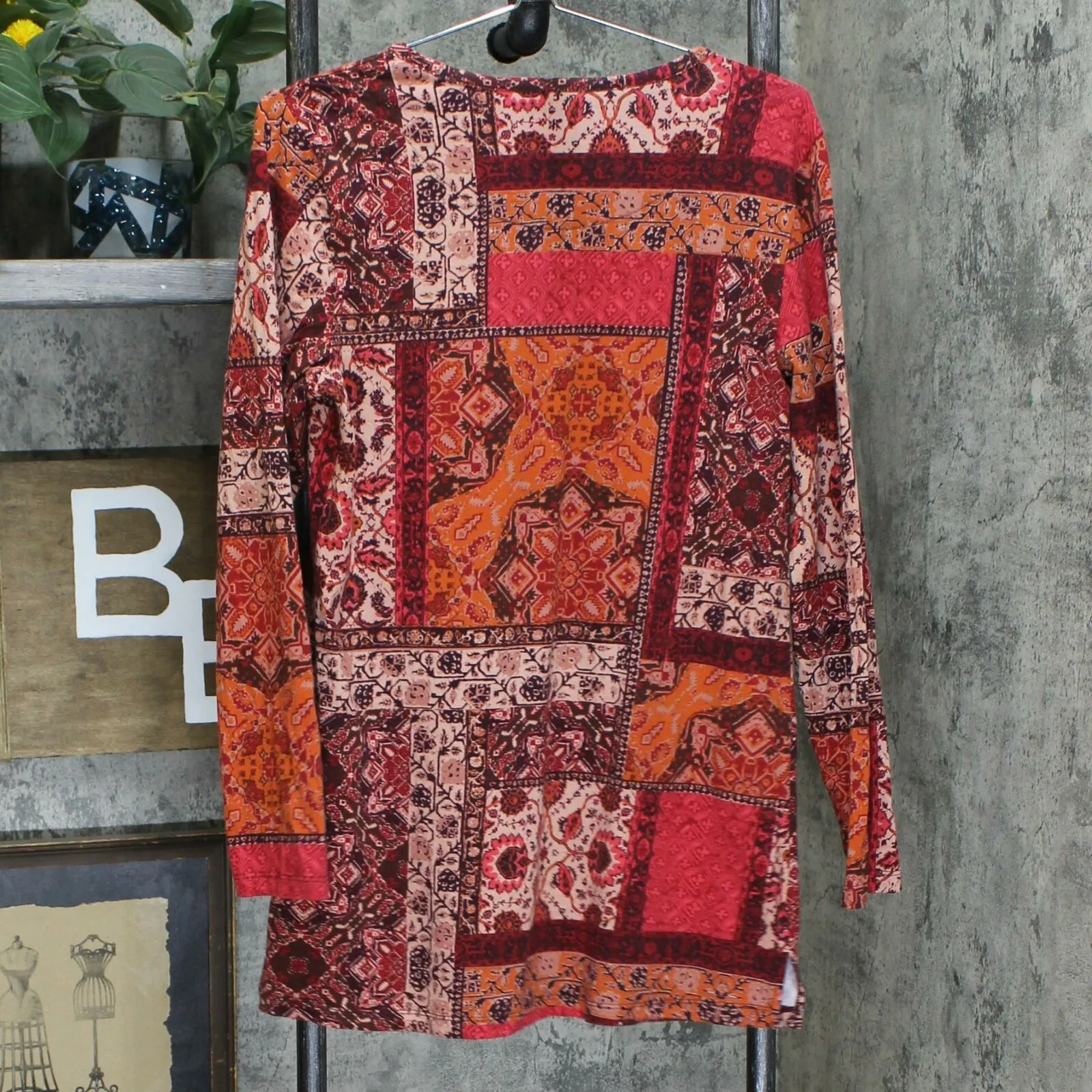 Denim & Co. Perfect Jersey Henley Patchwork Print Tunic Red Multi Small