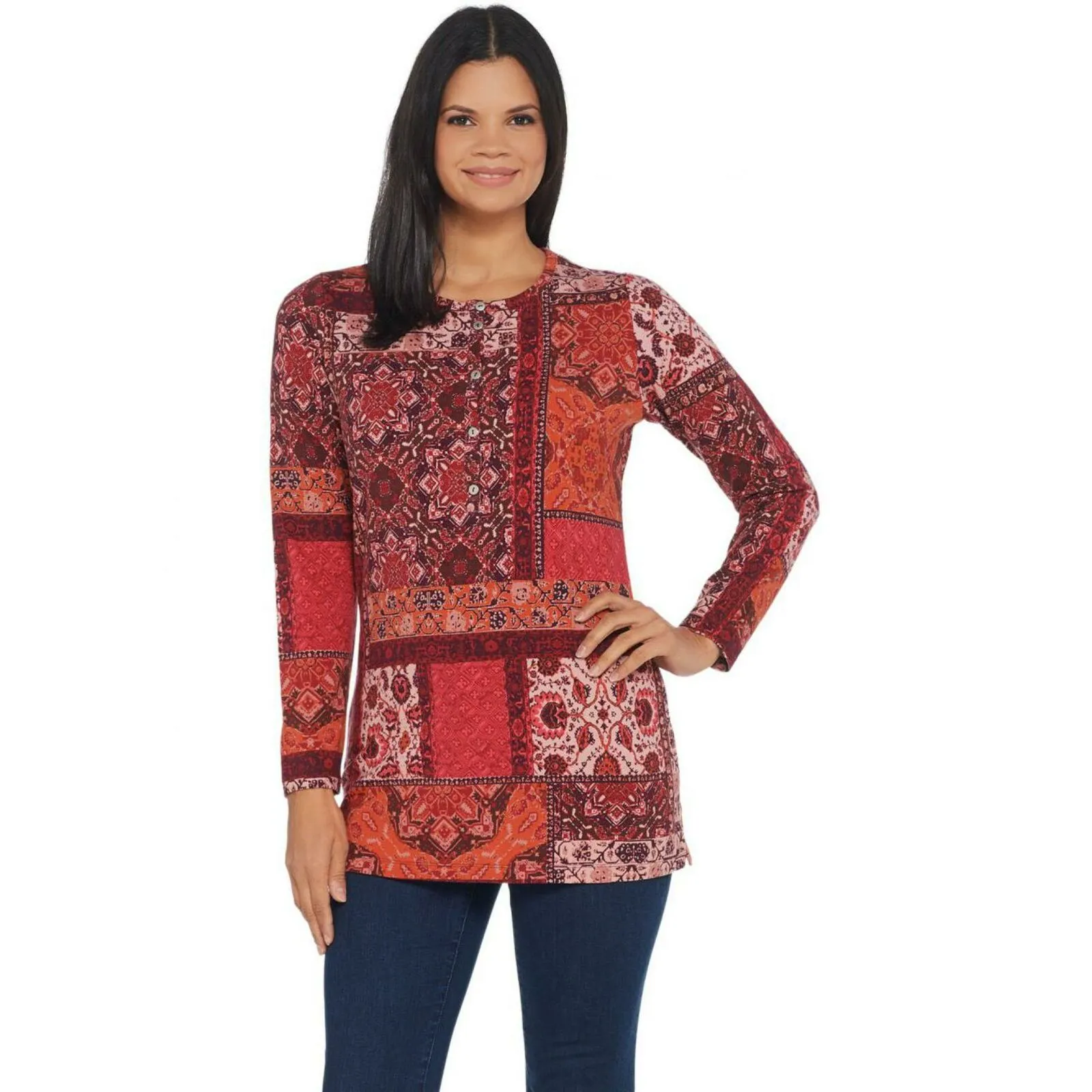 Denim & Co. Perfect Jersey Henley Patchwork Print Tunic Red Multi Small