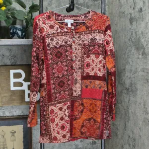 Denim & Co. Perfect Jersey Henley Patchwork Print Tunic Red Multi Small