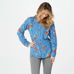 Denim & Co. Women's Floral Stretch Woven Lace Trim Y-Neck Blouse