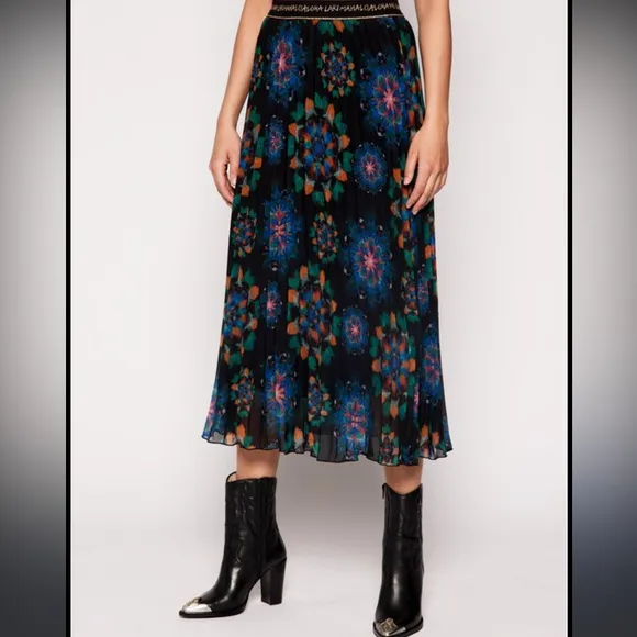 Desigual Midi Pleated chiffon Skirt Elastic Band size US 6