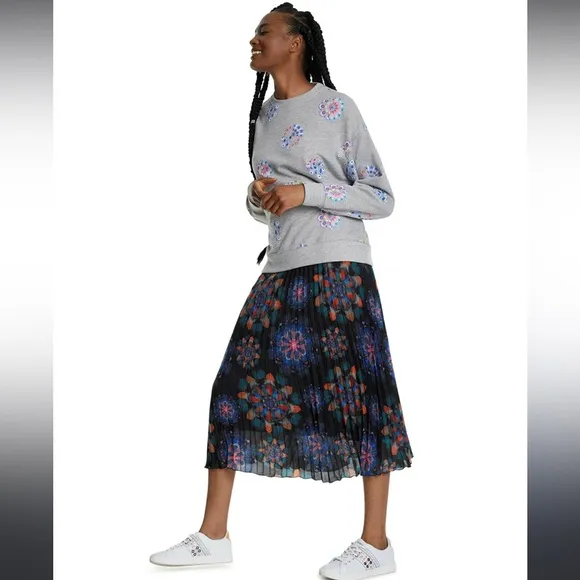 Desigual Midi Pleated chiffon Skirt Elastic Band size US 6