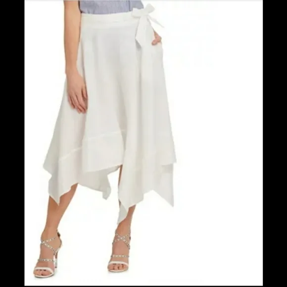 DKNY IVORY MIDI ASYMMETRIC SKIRT WITH BELT SIZE 12