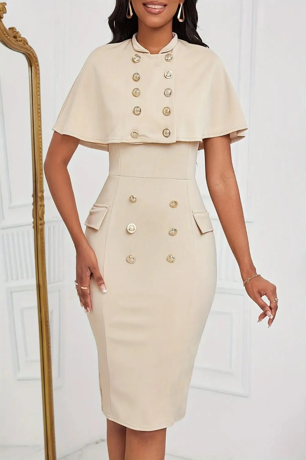 Double Breasted Cloak Collar and Crew Neck Tank Dress Set