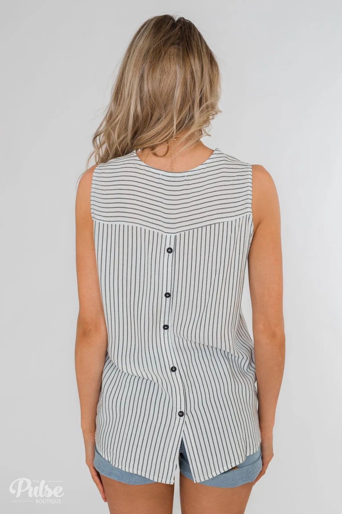 Down To Business Striped Button Back Blouse- White