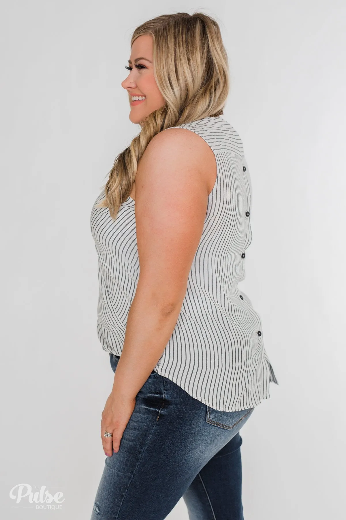 Down To Business Striped Button Back Blouse- White