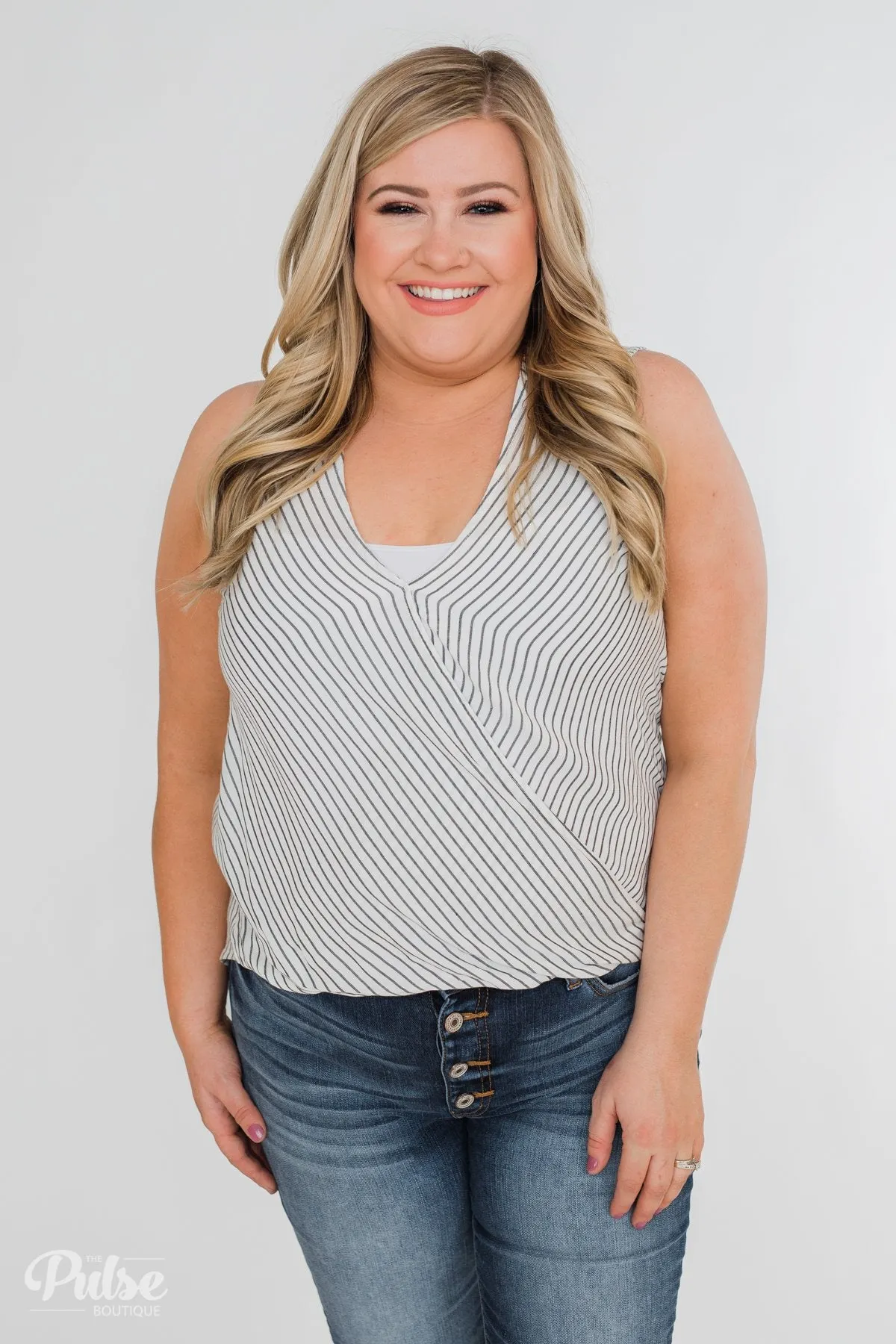 Down To Business Striped Button Back Blouse- White