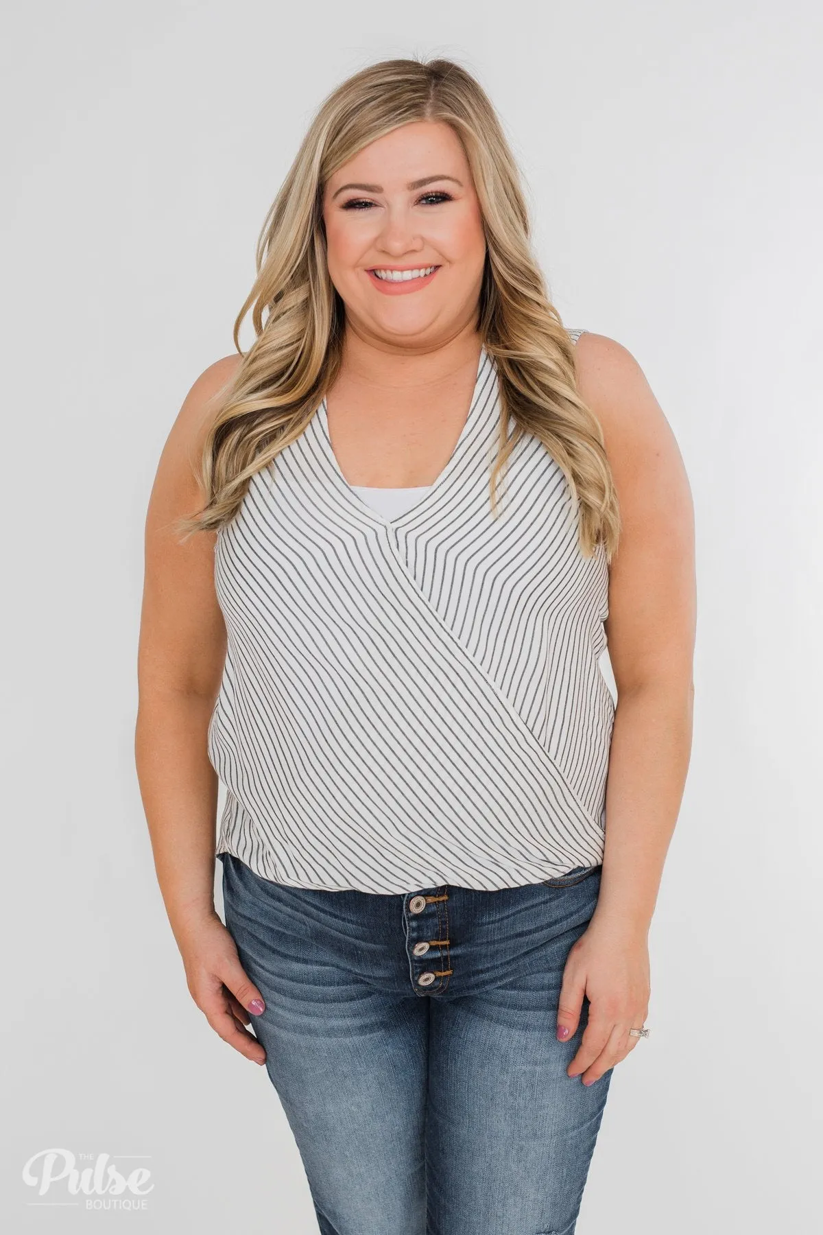 Down To Business Striped Button Back Blouse- White